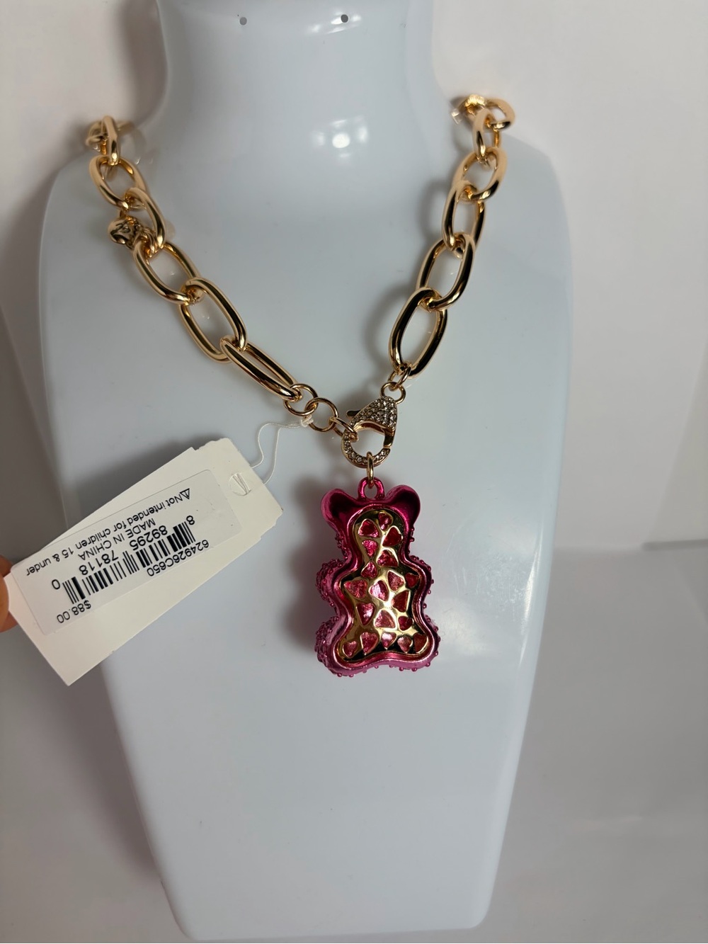 NWT ⚜️💖⚜️ Betsey Johnson Pink Crystal Teddy Bear Statement Necklace - Picture 10 of 13